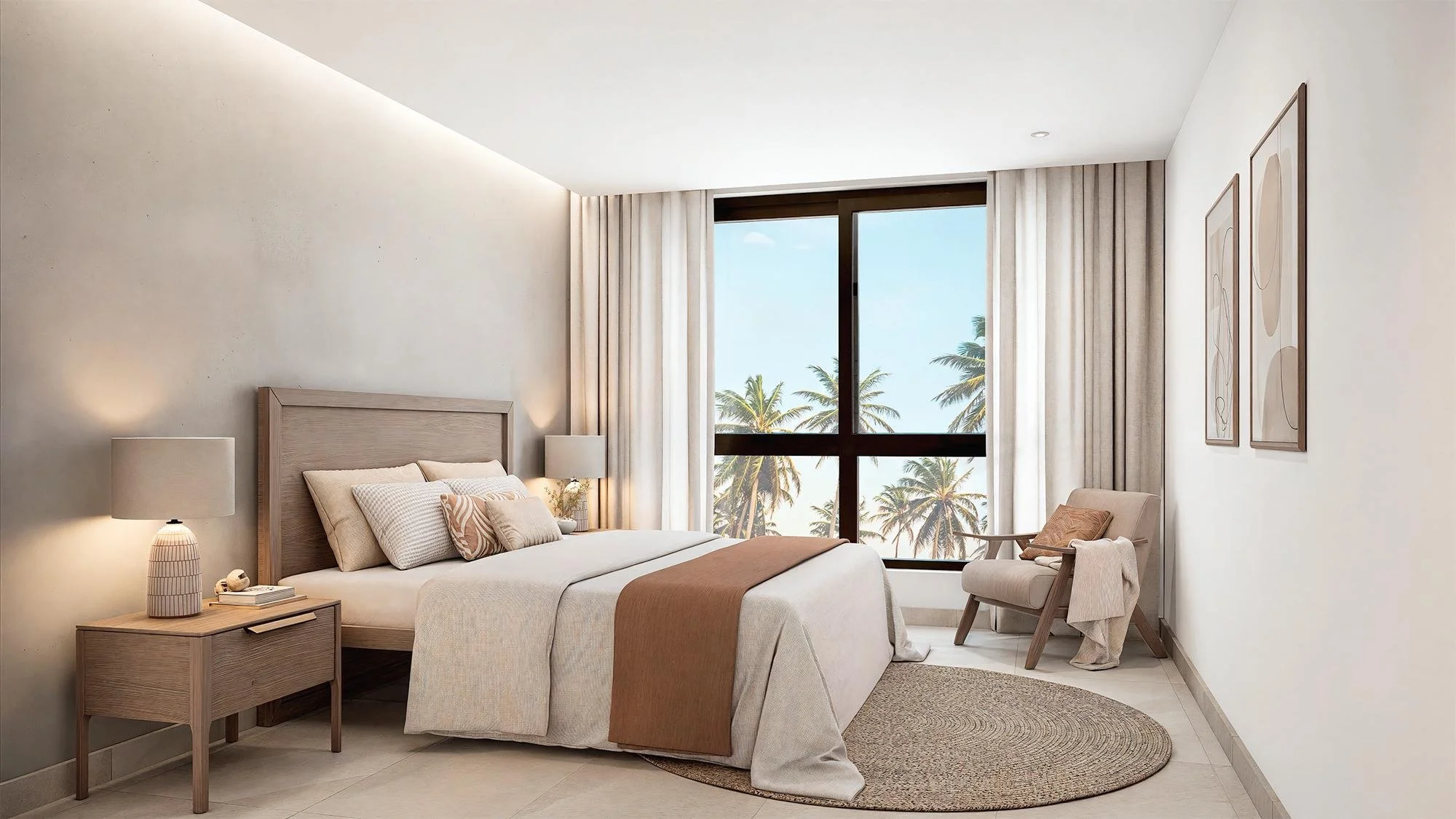 Habitación moderna con cama doble, decoración minimalista, ventana grande con vista a palmeras, y muebles de madera clara.