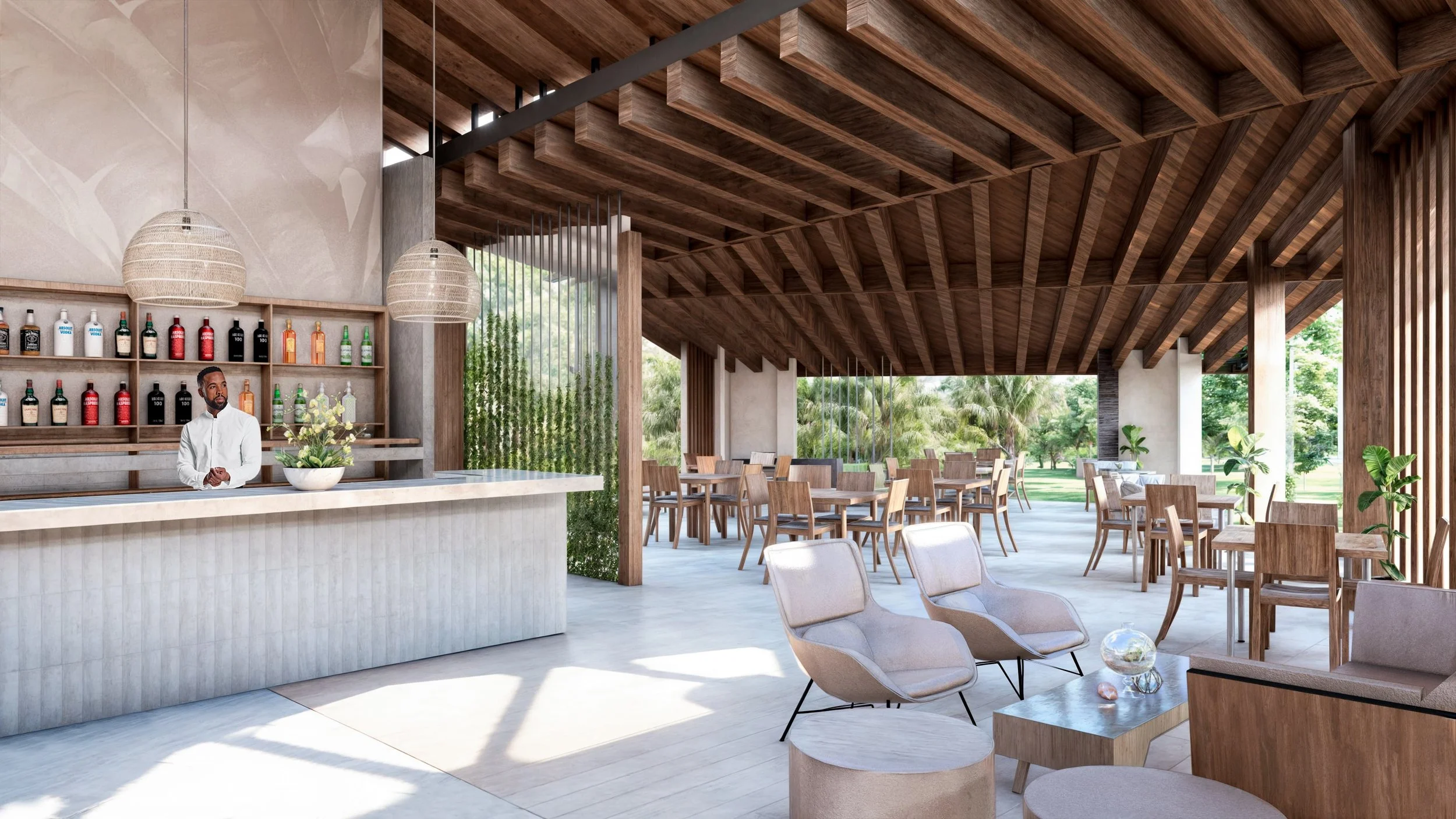 Restaurante moderno al aire libre con un techo de madera, barra con bebidas y mesas con sillas, plantas decorativas y un ambiente luminoso y abierto.