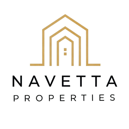 Logotipo de Navetta Properties con diseño de casa estilizada en dorado sobre fondo blanco, texto "Navetta Properties" en negro.