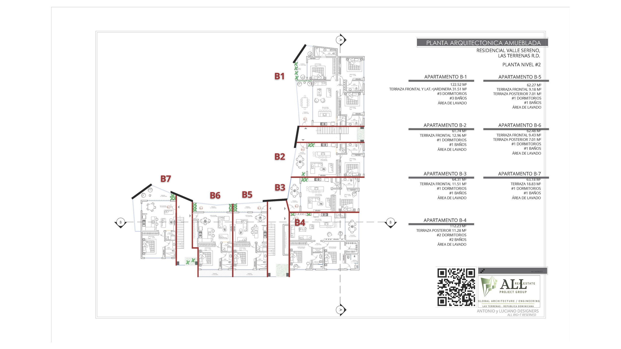 Architectural floor plan of Valle Sereno residence showing layout of seven apartments labeled B1 to B7, with dimensions and descriptions for each, including terraces, bedrooms, bathrooms, and laundry areas. Includes QR code and company information in