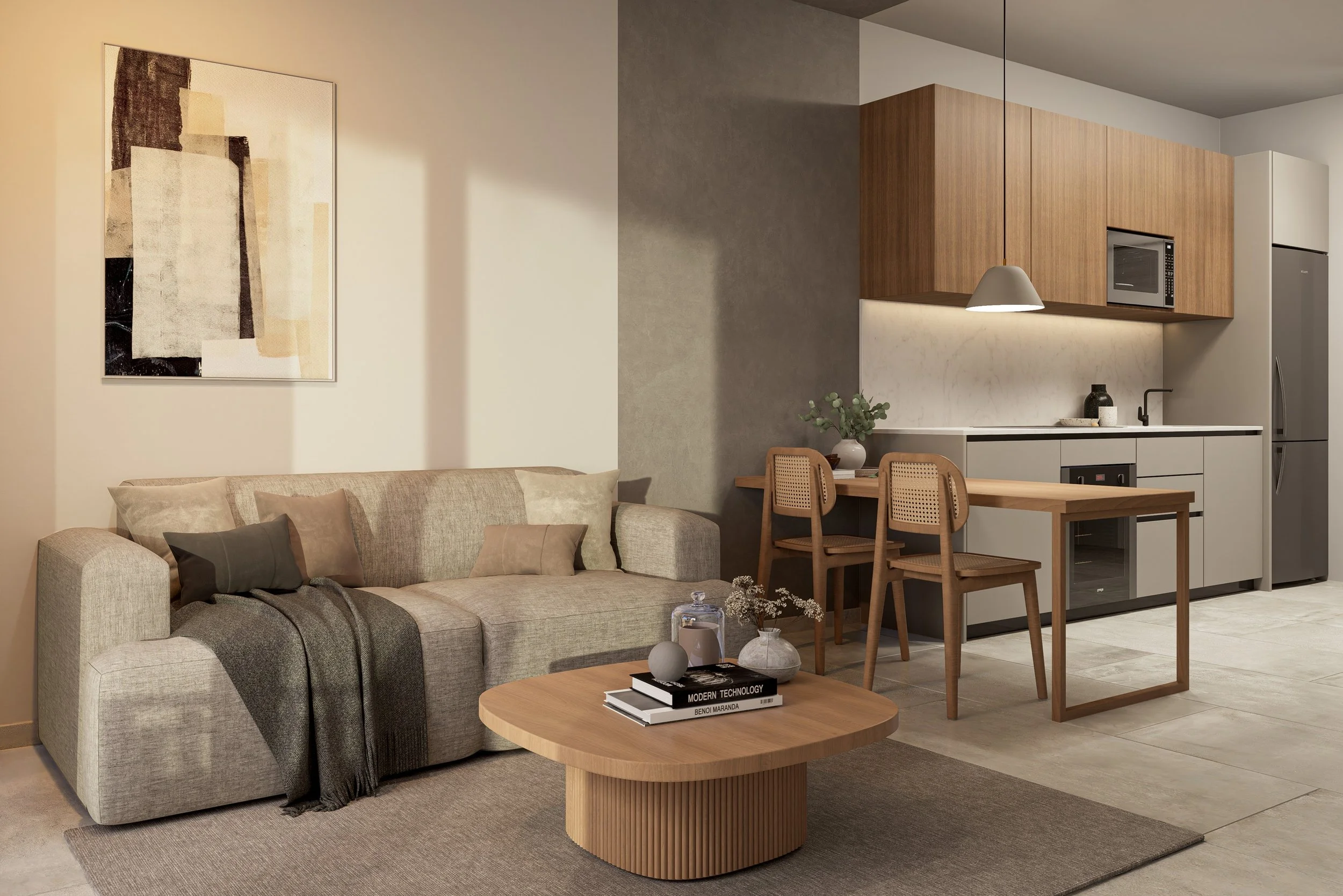 Sala de estar moderna con un sofá beige, cojines, una manta, mesa de centro de madera, cuadro abstracto en la pared y cocina de diseño minimalista con muebles de madera, mesa de comedor y sillas de madera clara.