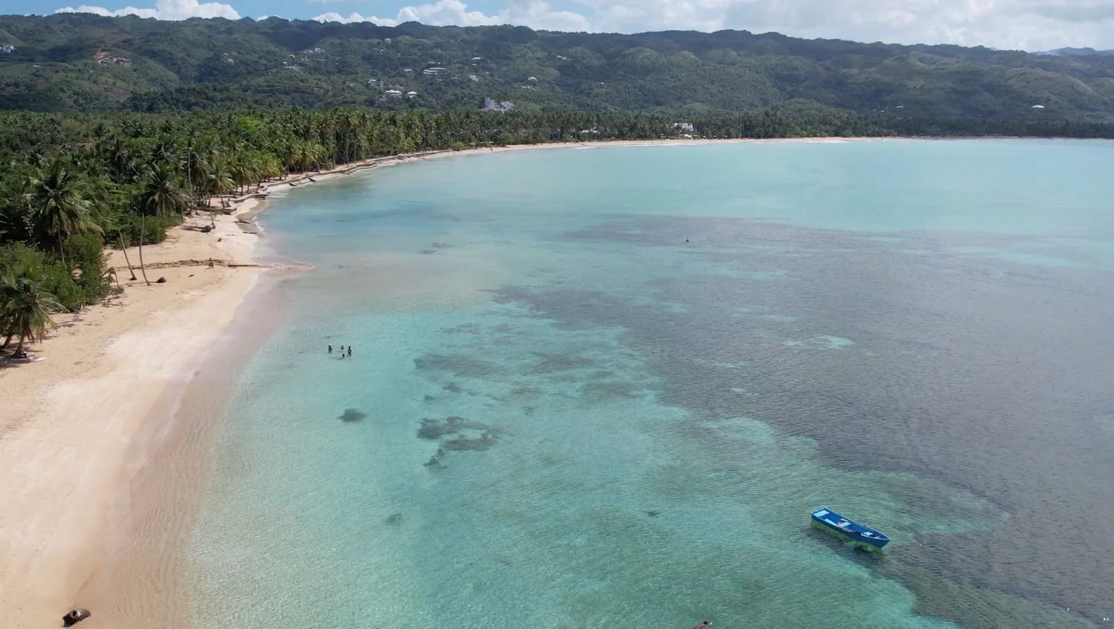 Playa de arena dorada con palmeras junto a aguas turquesas y montaña al fondo.