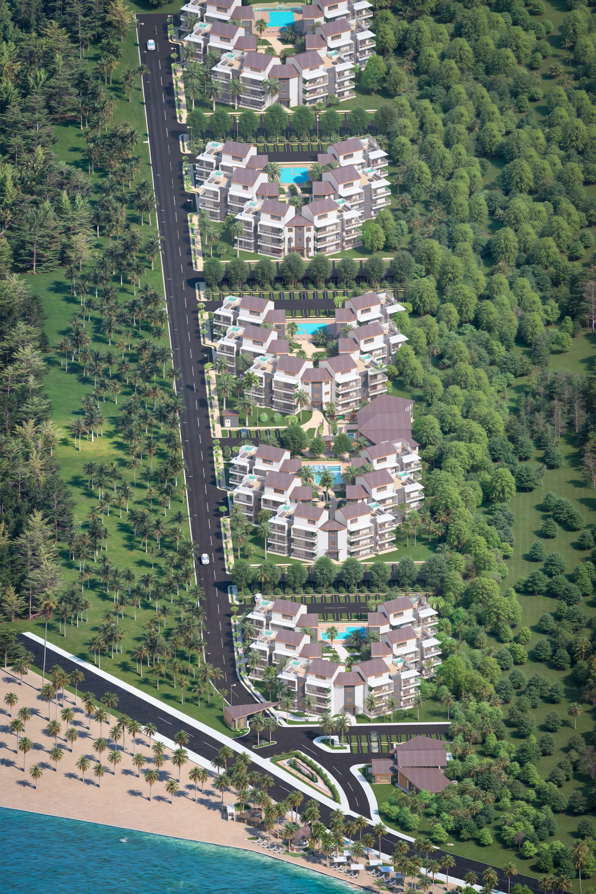 Complejo de edificios residenciales de lujo con piscinas, rodeado de vegetación y ubicado junto a una playa con palmeras y una carretera principal.