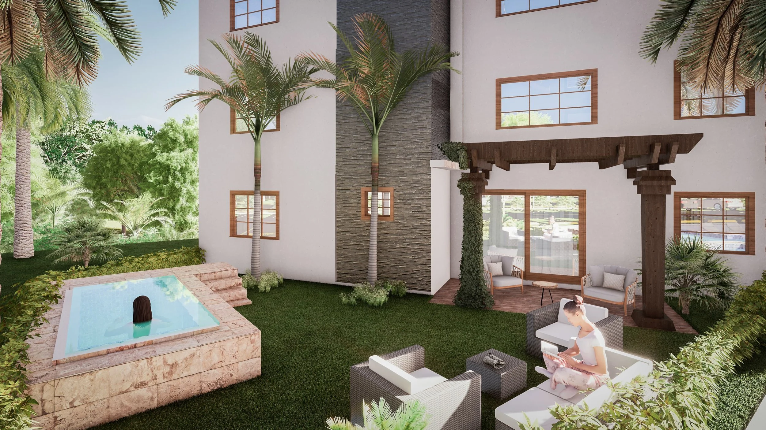 Patio trasero de una casa moderna con piscina pequeña, muebles de exterior, palmeras y vegetación densa.