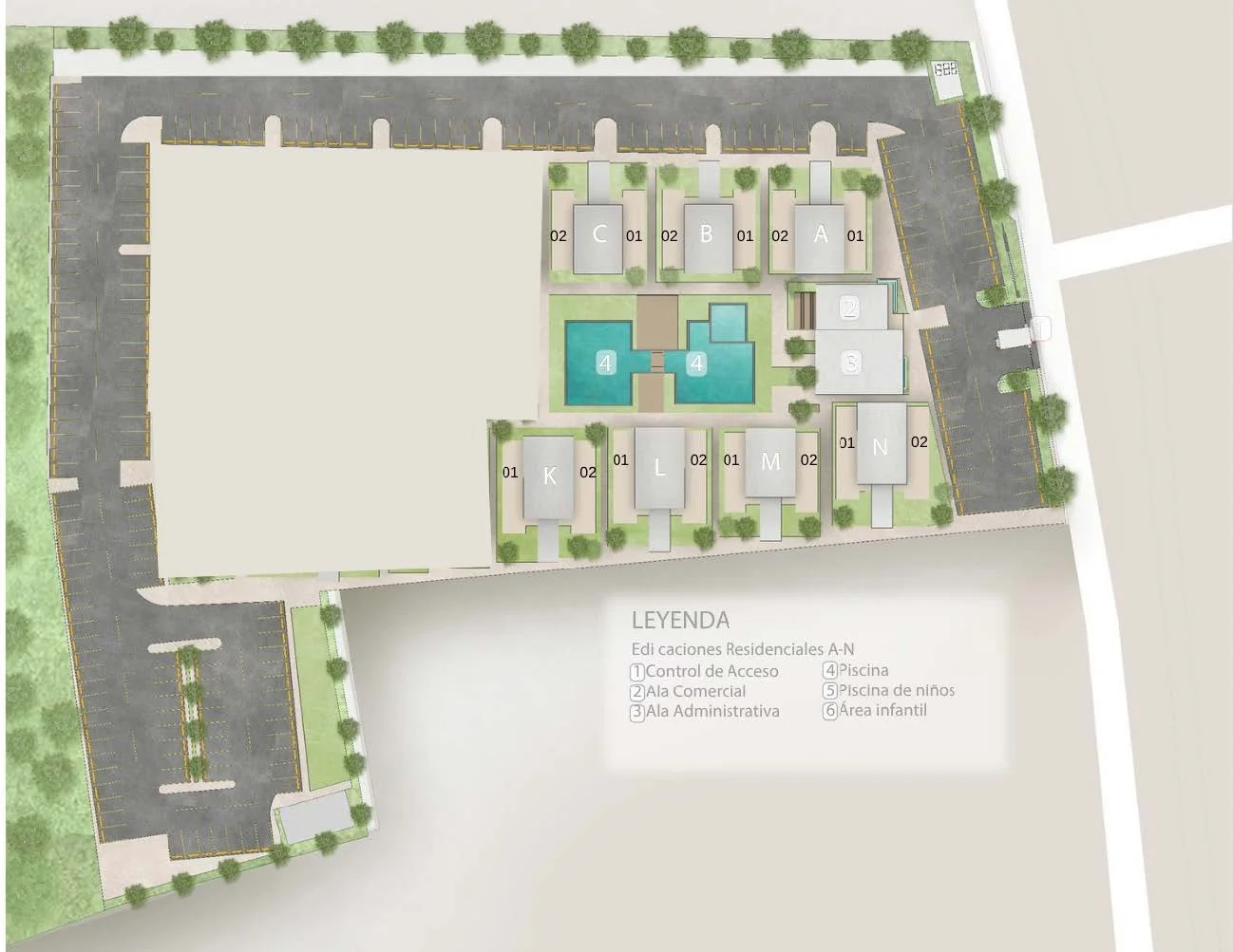 Plano del complejo residencial con apartamentos, piscina, áreas infantiles, estacionamiento y áreas verdes, en un diseño organizado y etiquetado.
