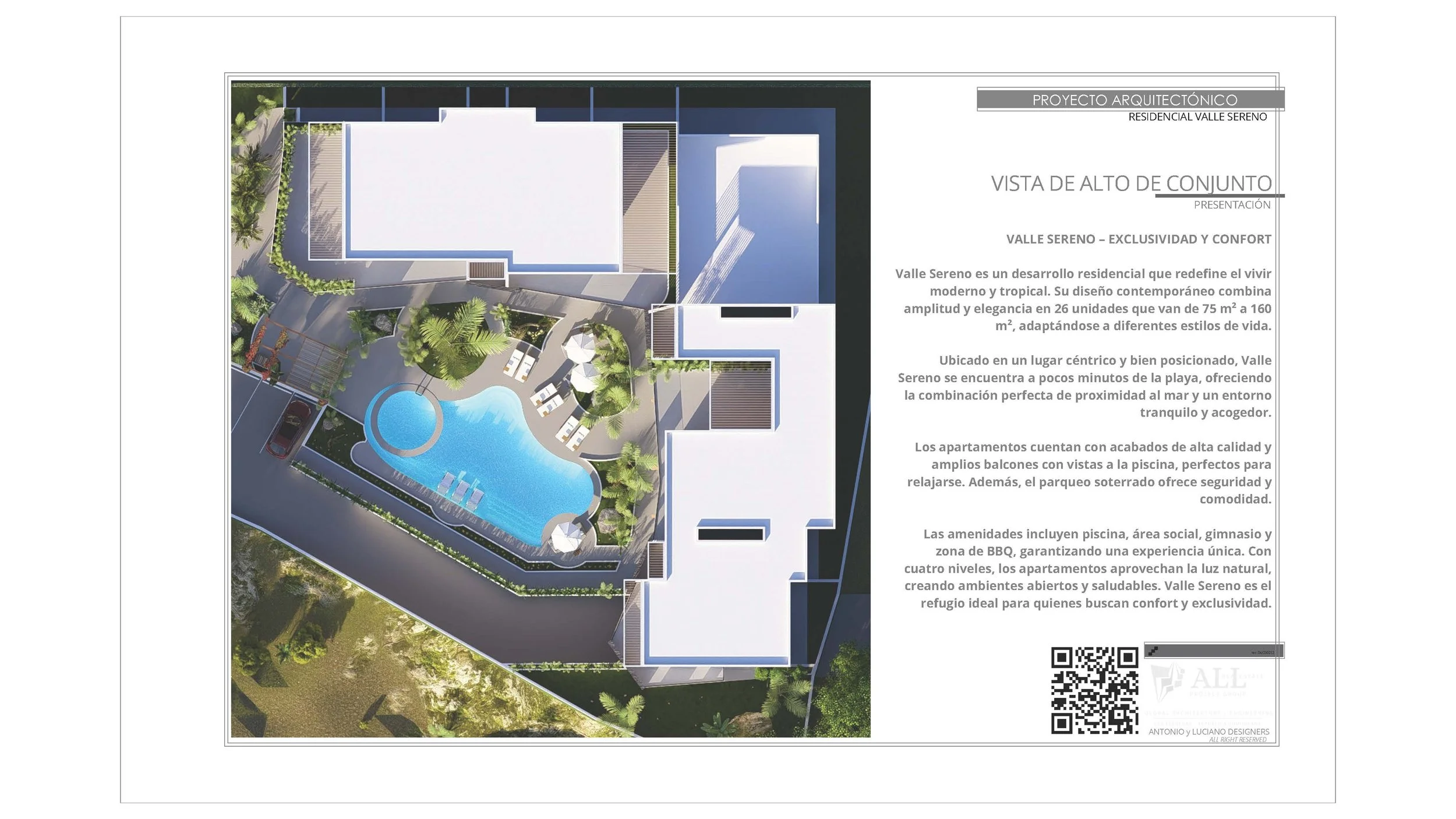 Architectural layout of Valle Sereno residential complex featuring a swimming pool, surrounding gardens, parking area, and structural outlines. Text in Spanish describes the development, amenities, and location benefits, with QR code and designer att