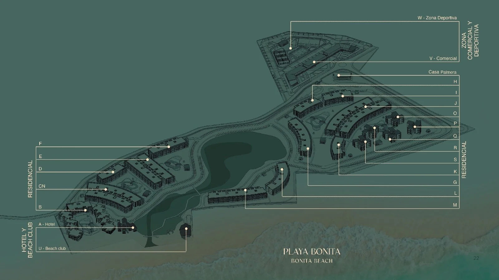 Plano de complejo turístico en Playa Bonita con áreas residenciales, comerciales y deportivas, lago y club de playa.