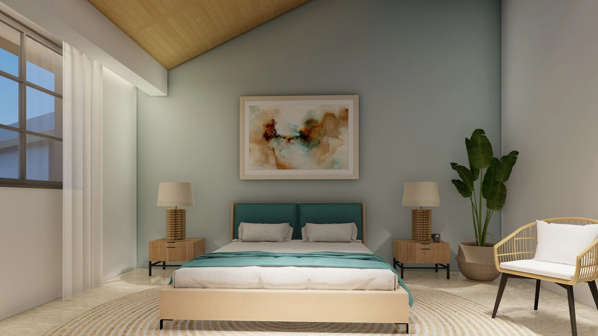 Habitación moderna con cama doble, cabecera turquesa, dos mesitas de noche, lámparas, planta decorativa, silla blanca y cuadro abstracto en la pared.