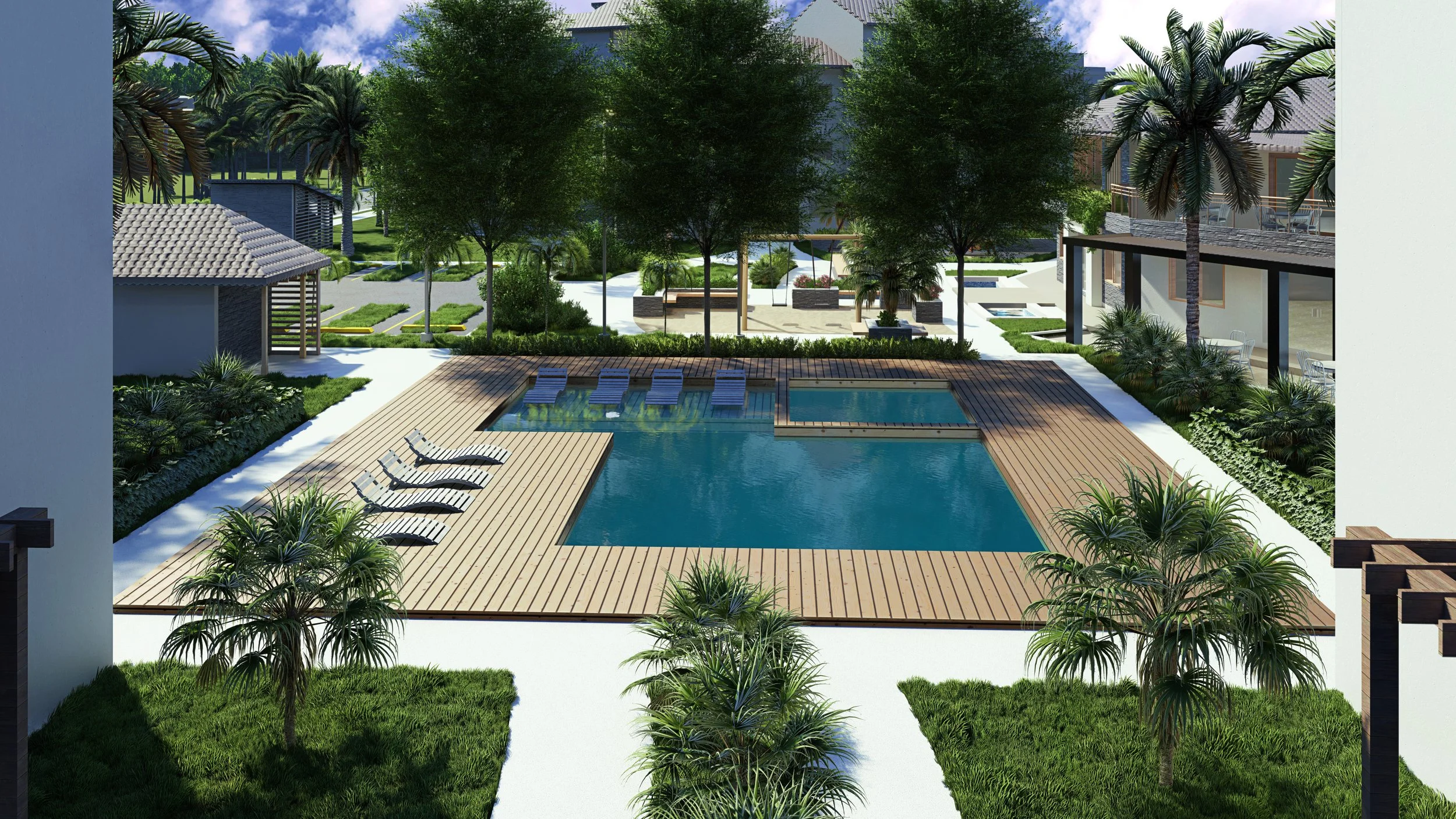 Imagen de un jardín con piscina, rodeada de una plataforma de madera y tumbonas. Hay palmeras y vegetación alrededor, junto a casas con techos de tejas y árboles altos.