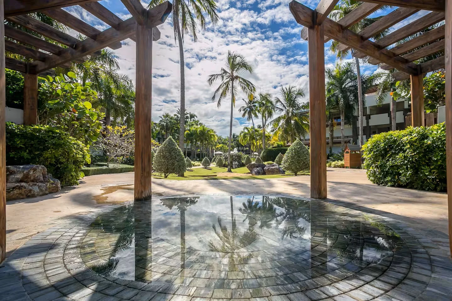 Jardín tropical con palmeras, arbustos y piedras, vista desde un espacio cubierto con estructura de madera, con charco de agua que refleja las palmeras.