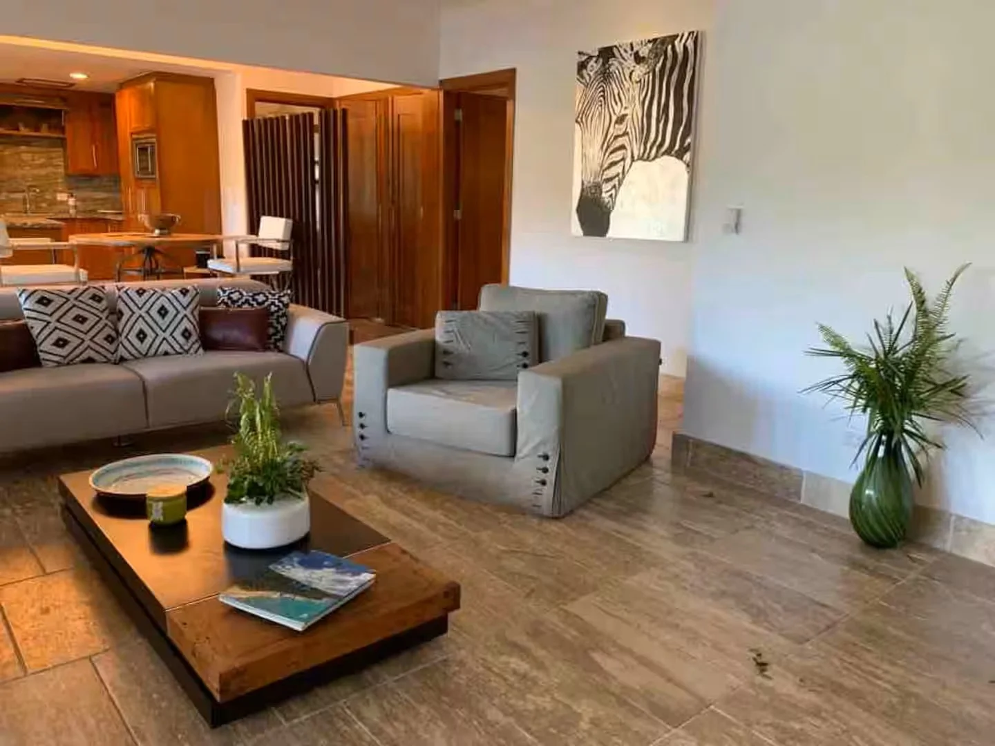 Sala de estar con sillón gris, sofá y mesa de café de madera, decorada con plantas y cuadros en las paredes.