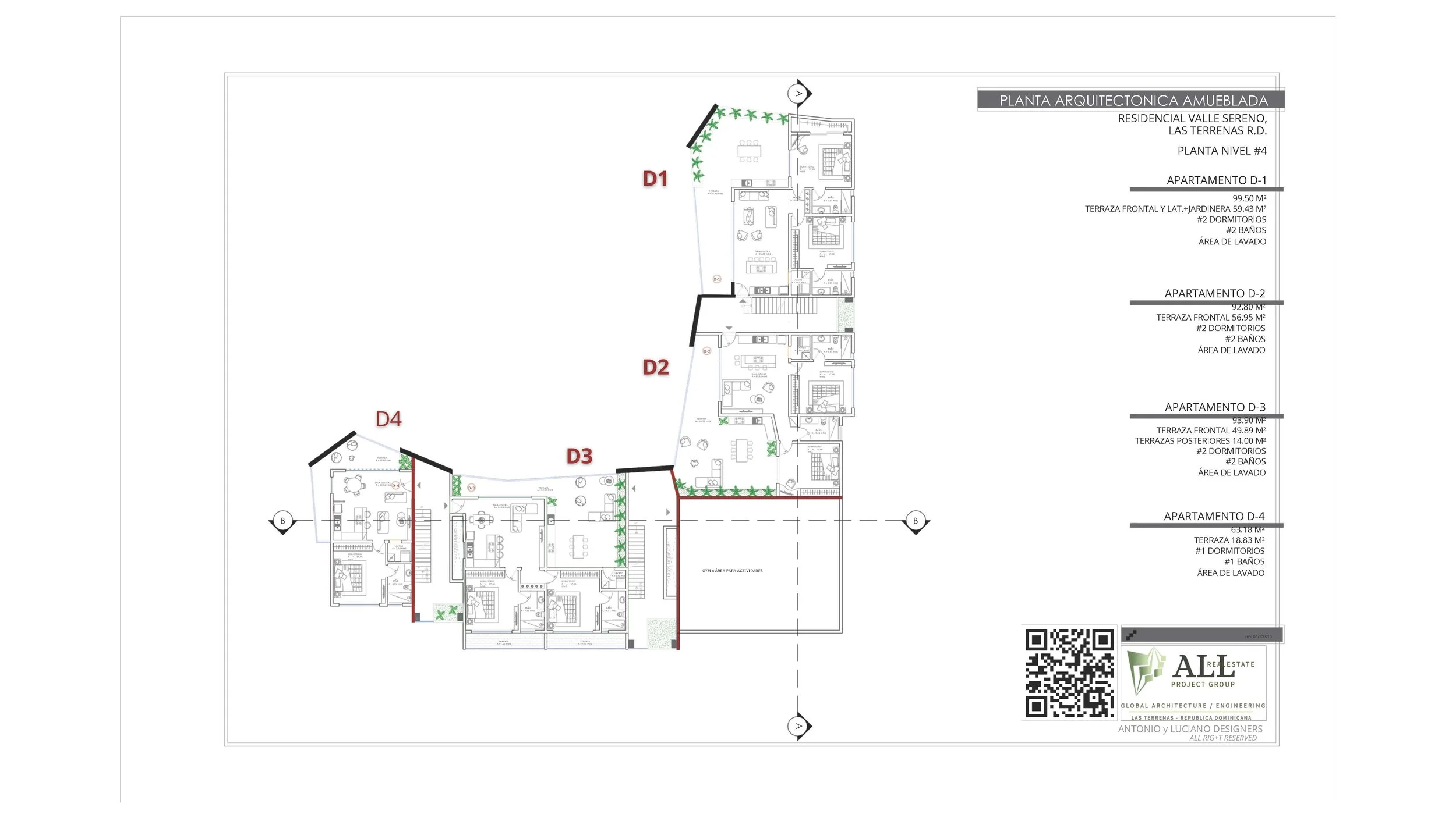 Floor plan diagram of an apartment complex labeled Residencial Valle Sereno, Las Terrenas R.D. It details four apartments (D1, D2, D3, D4), with specifications including square meters, number of rooms, bathrooms, and laundry areas. Includes a QR code