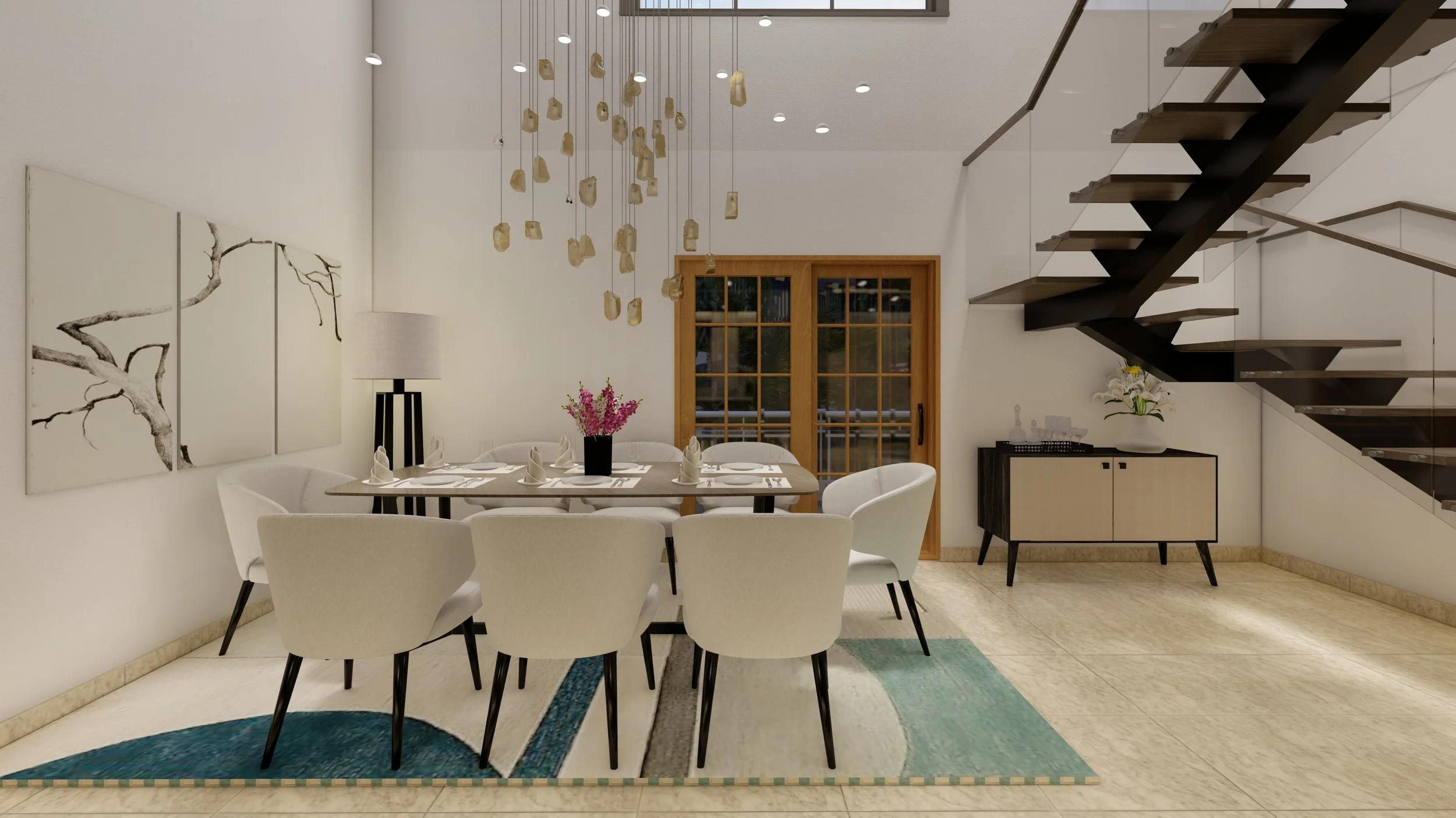 Comedor moderno con mesa blanca, ocho sillas, lámpara colgante, escalera flotante de madera, y puerta de vidrio. Decoración minimalista.