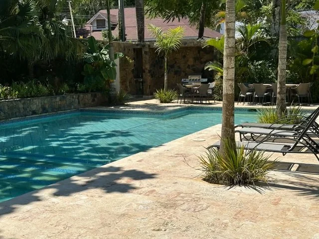 Outdoor swimming pool area with lounge chairs, tropical plants, and patio furniture under a clear sky.