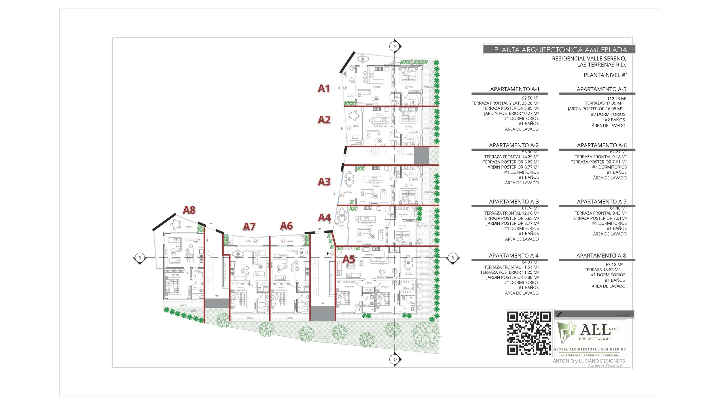 Architectural floor plan of a residential building complex showing multiple apartments labeled A1 to A8, with details on size and layout. Includes terraces, gardens, bedrooms, and laundry areas. Additional descriptions and QR code provided for more i