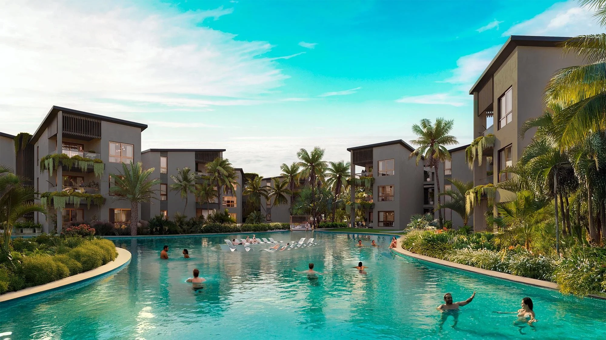 Complejo residencial con piscina, edificios modernos y palmeras, personas nadando y descansando en el agua.