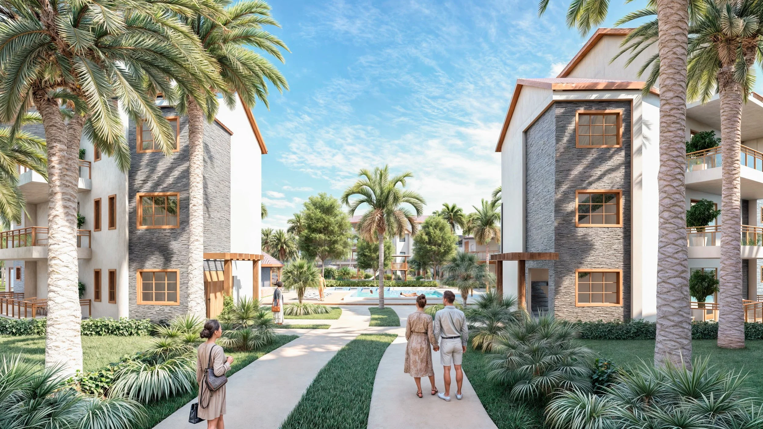 Complejo de apartamentos con palmeras, camino pavimentado y personas paseando, en un entorno tropical, con cielo despejado.