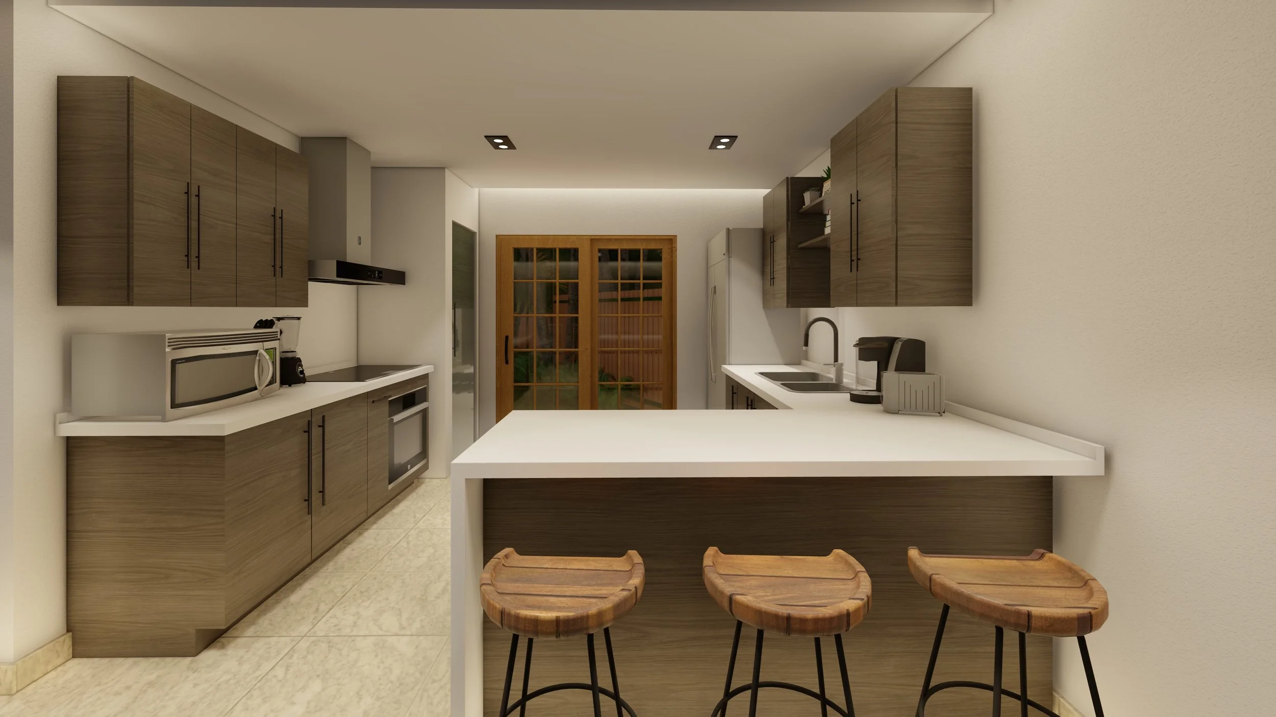 Cocina moderna con estanterías de madera, microondas, horno, nevera y fregadero. Isla central con tres taburetes de madera.