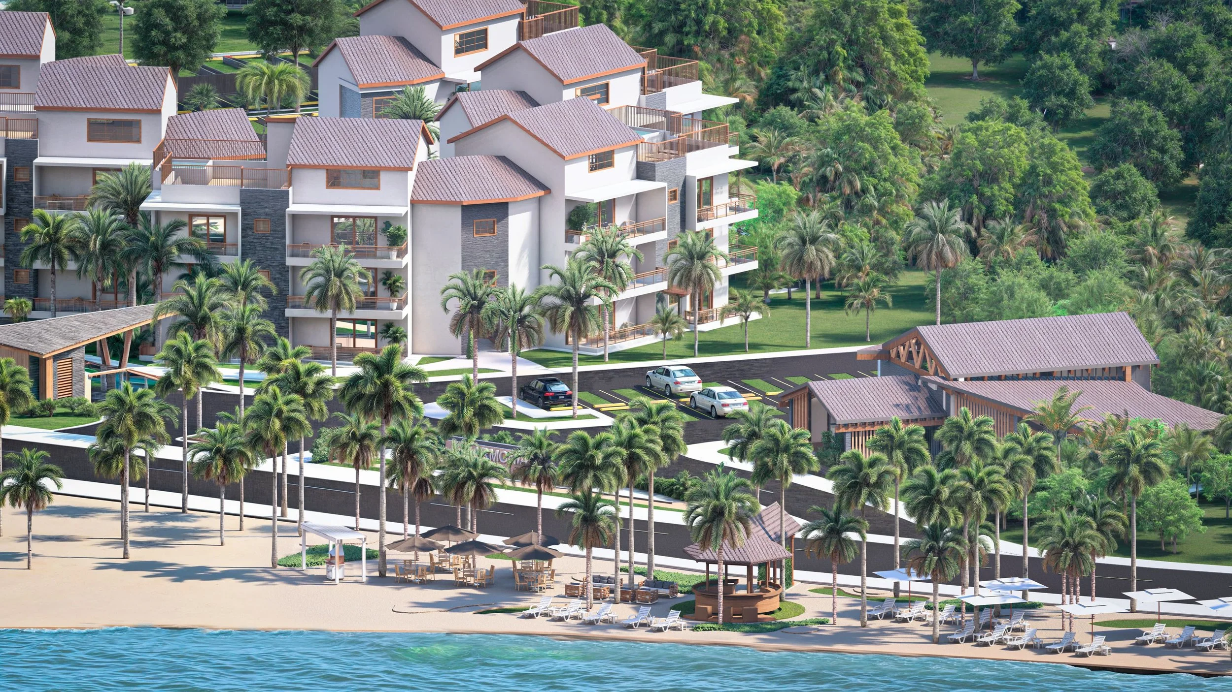 Complejo turístico frente al mar con edificios modernos, palmeras y playa con sombrillas y tumbonas.