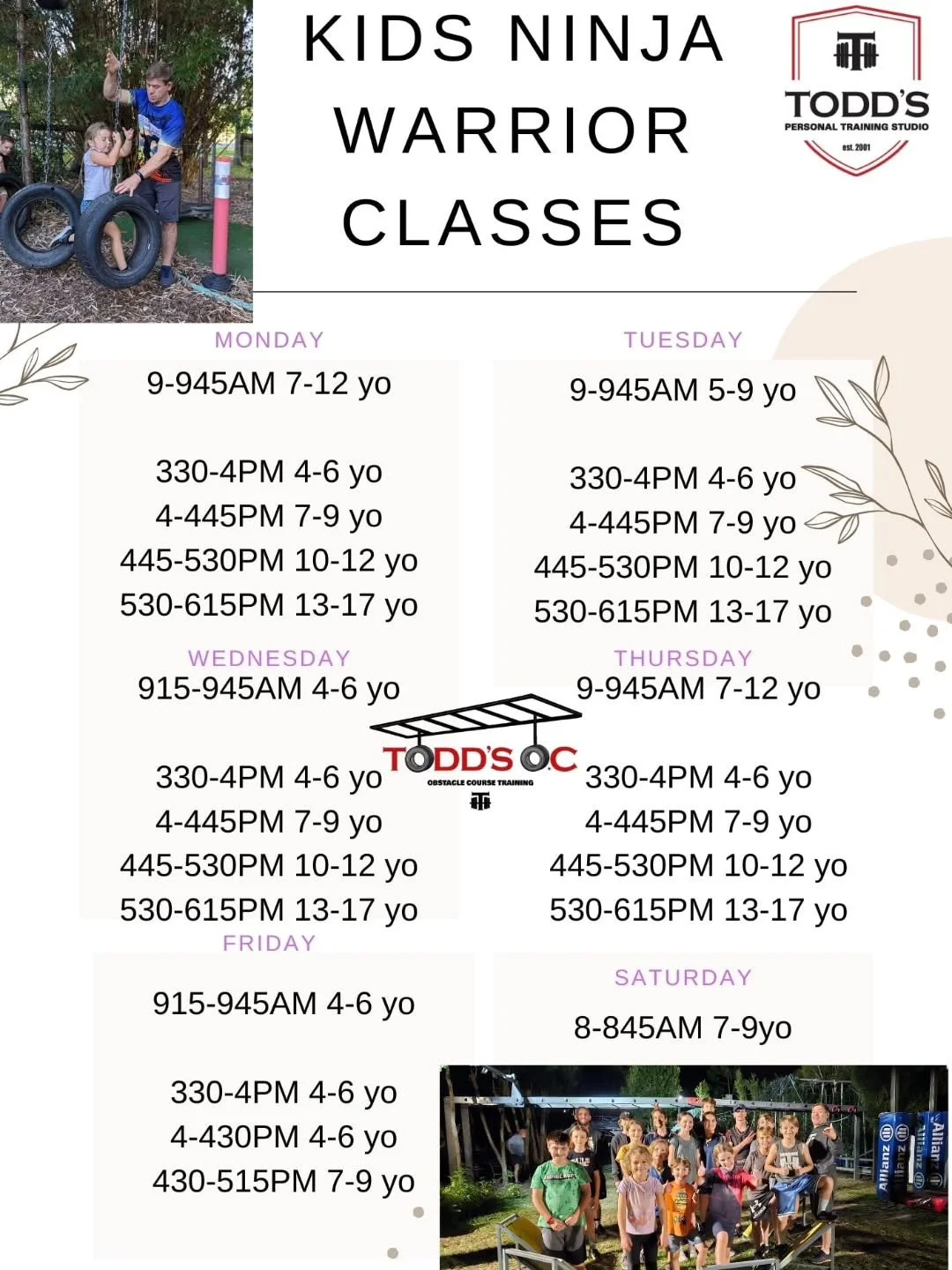 Hey all! A few Families have been asking about the "term schedule" for the kids Ninja Warrior classes.

This kicks off the week beginning the 26th of January and runs for 10 weeks. Classes are at 60% already but PM me or message directly on