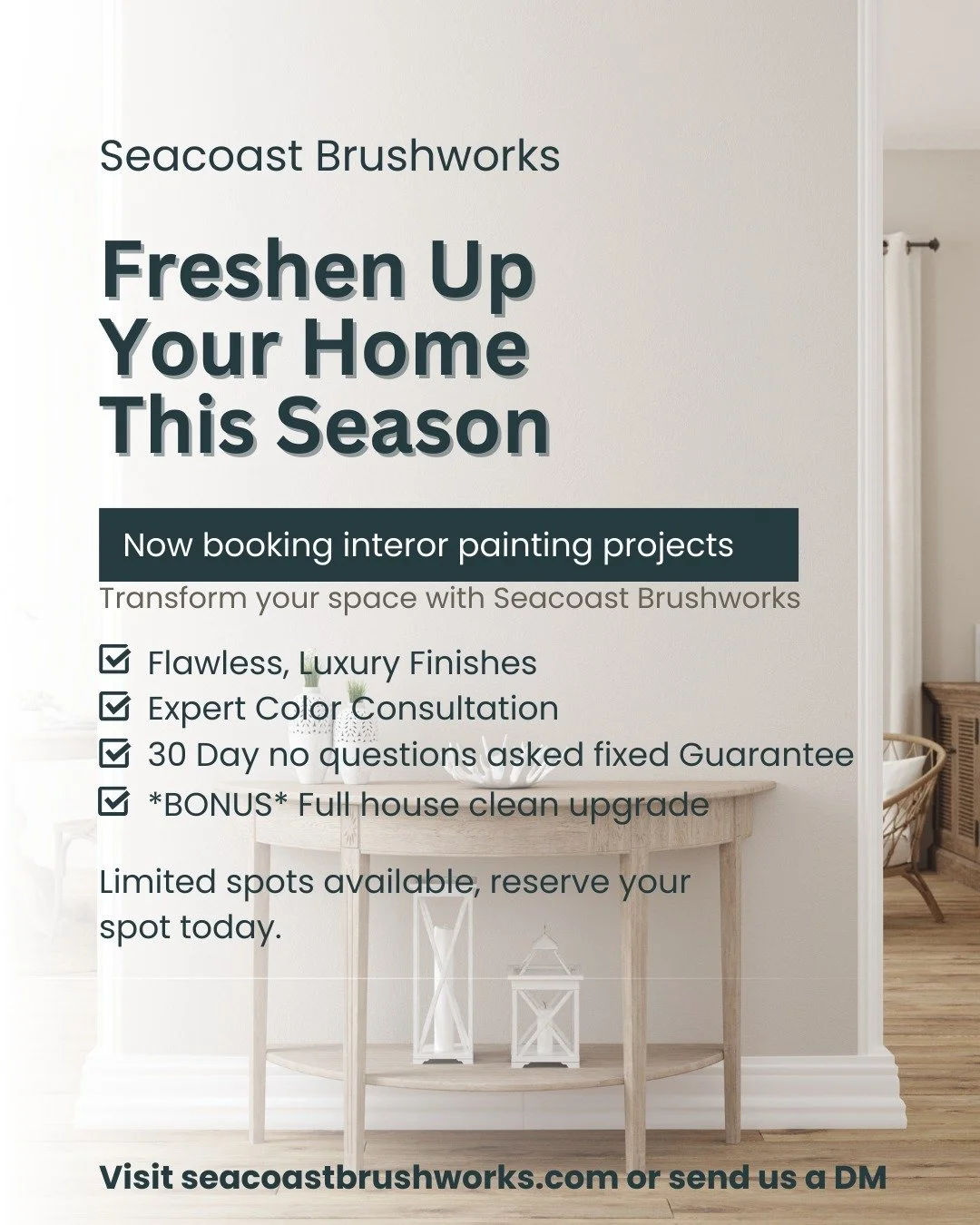 🎨 Thinking about updating your home&rsquo;s interior?
Now is the perfect time to book with Seacoast Brushworks!
✨ Flawless, luxury finishes
🎨 Free expert color consultation
🧹 BONUS: Full house clean upgrade available
✔️ 30-Day No-Questions Fix Gua