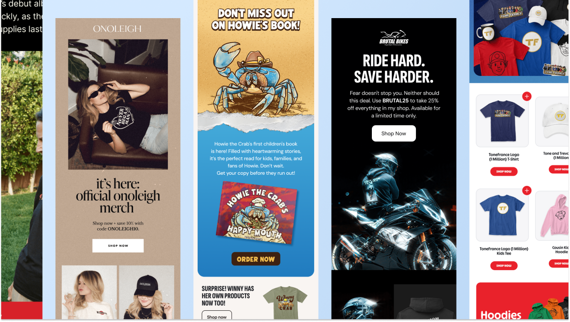 A collage of four vertical advertisements promoting merchandise and products. The first features a woman lying on a sofa wearing a black shirt with white text. The second showcases a children's book about a crab named Howie, with cartoon crab illustr