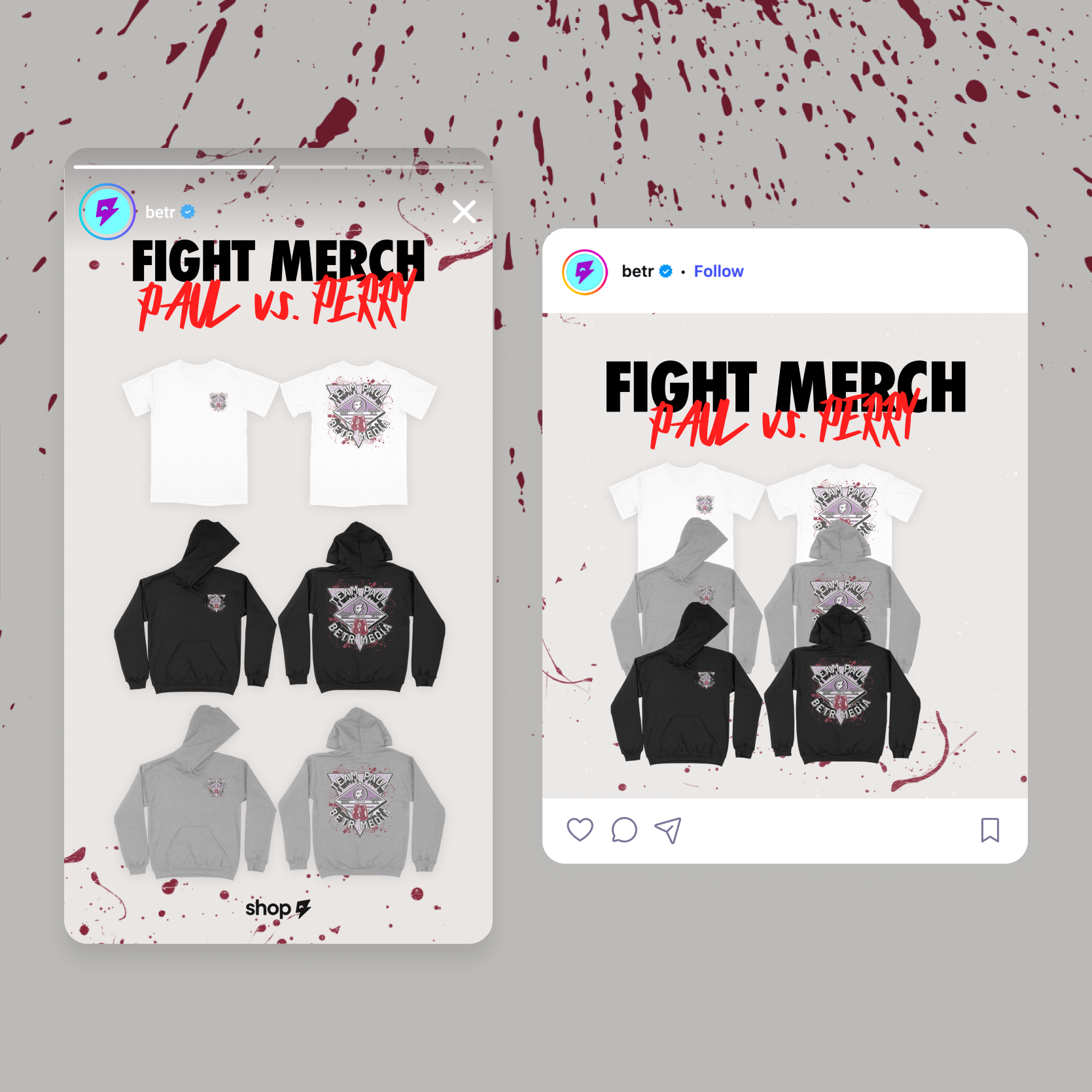Promotional graphic for fight merchandise featuring Paul vs. Perry with images of white, black, and gray hoodies and t-shirts with graphics, on a splattered blood red background.