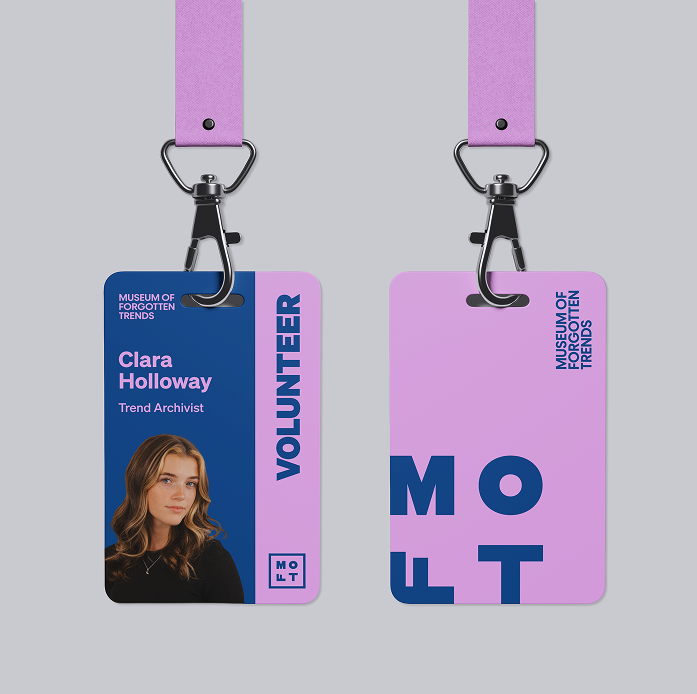 Two identification badges hanging from pink lanyards. The badge on the left features a portrait of a young woman, the name Clara Holloway, with the title 'Trend Archivist' and the word 'Volunteer' in bold purple. The badge on the right displays a pur