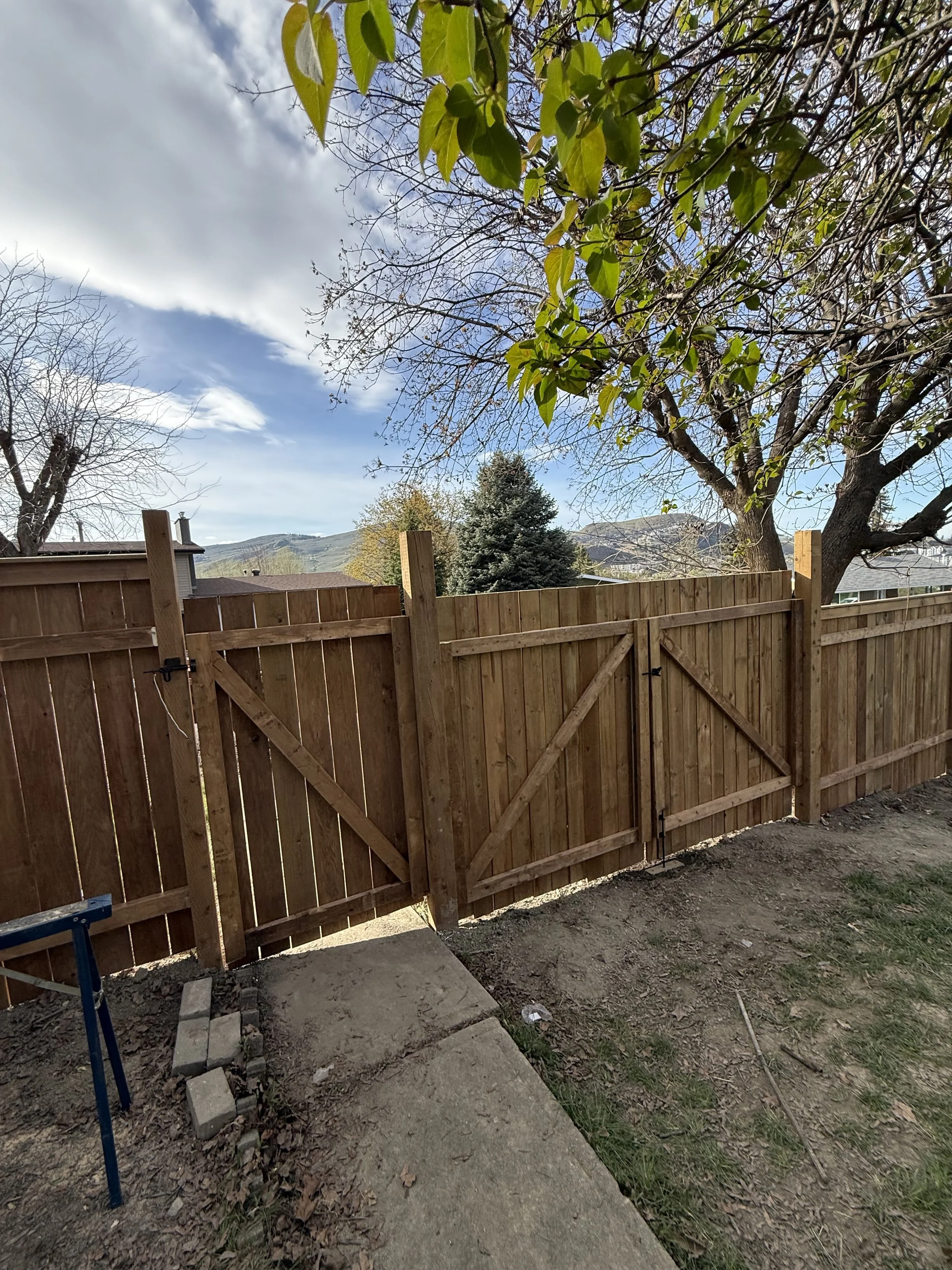 A new wooden backyard fence with a small gate, a concrete pathway, and a grassy yard with trees and mountains in the background under a partly cloudy sky.
