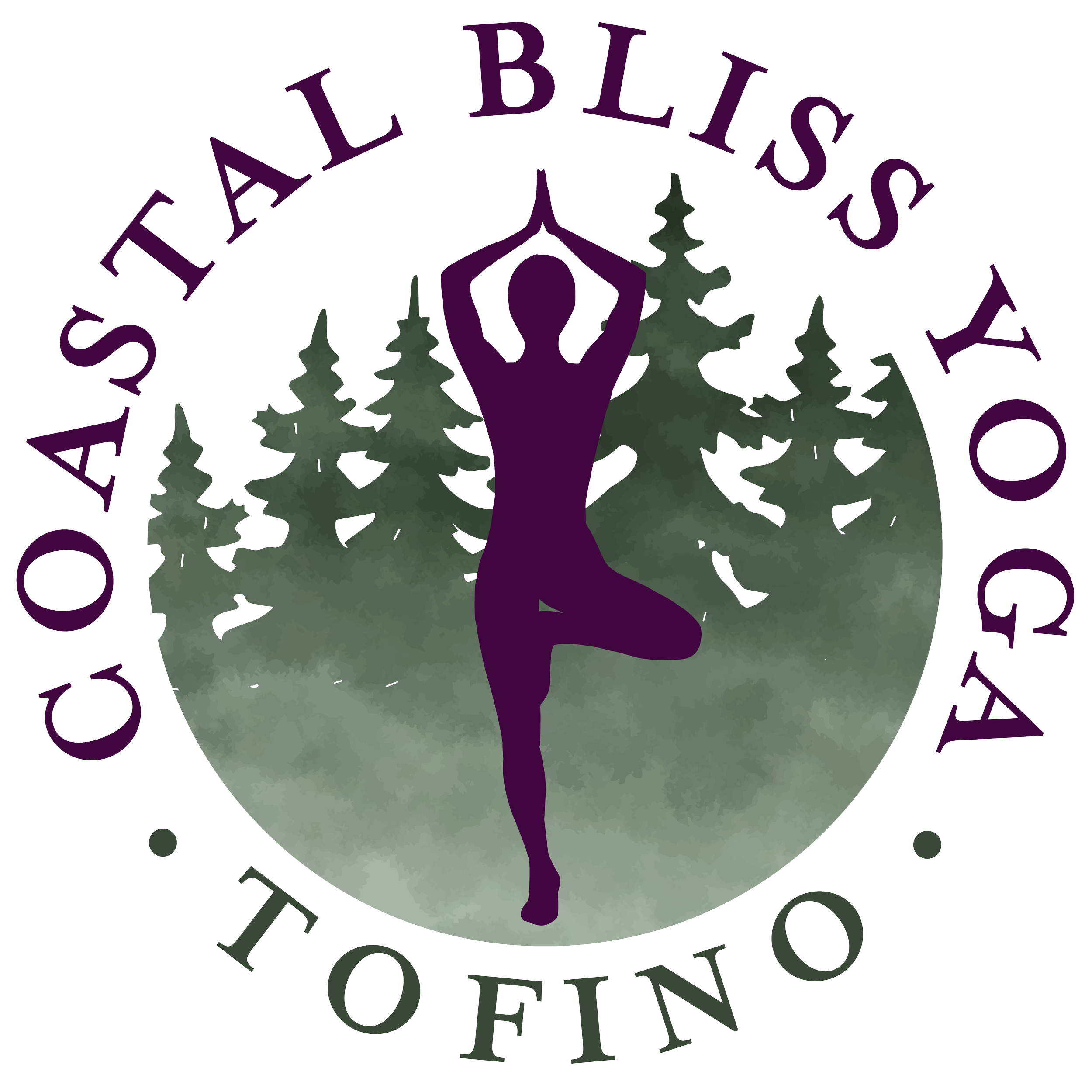 Coastal bliss logo with figure standing in tree pose with forest behind them