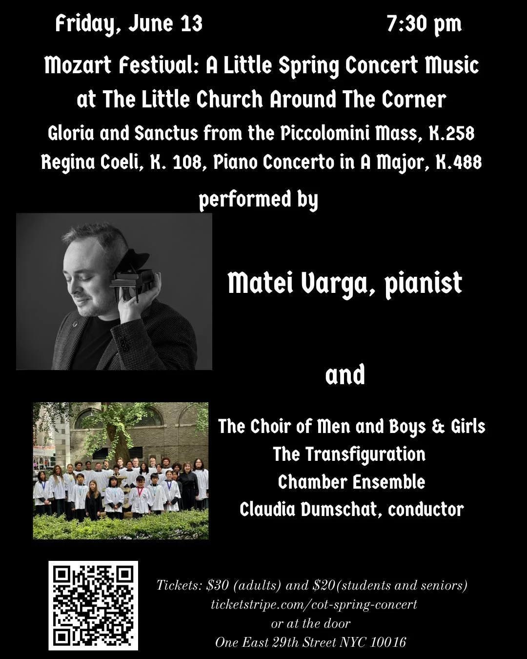 Please join us for a sparkling and joyful evening of music on Friday, June 13 at 7:30 pm for the final concert in our Mozart Festival and our annual spring concert. &quot;A Little Spring Concert Music at The Little Church Around The Corner&quot; will