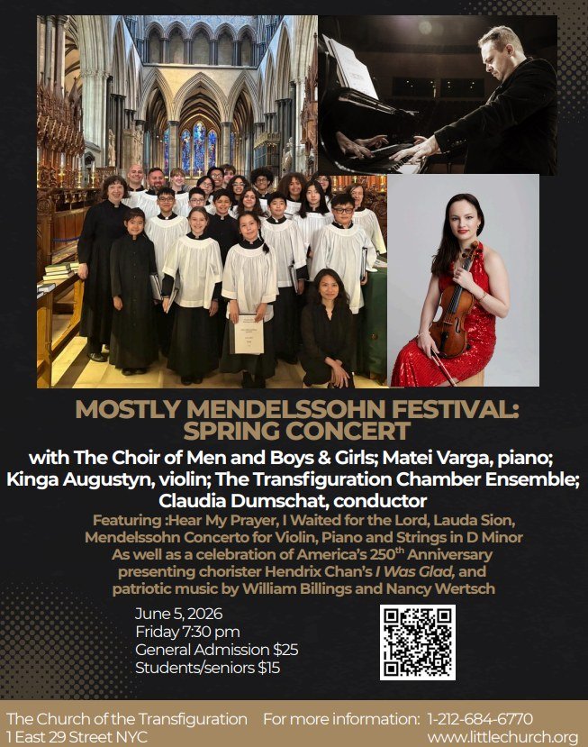 We hope you'll join us for our annual spring concert on Friday, June 5 at 7:30 pm "Mostly Mendelssohn" featuring Mendelssohn's: Hear My Prayer, I Waited for the Lord, and Concerto for Violin, Piano and Strings in D Minor. Our concert will a