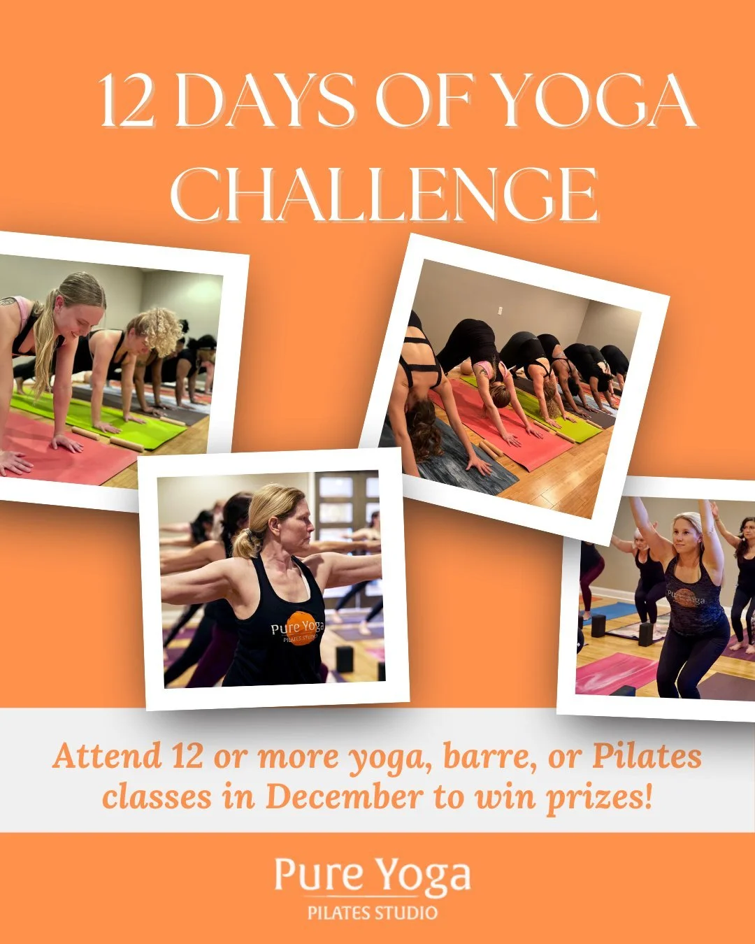 It's time to get excited! Our 12 Days of Yoga Challenge is back starting December 1st! 🧡🧘🏼&zwj;♂️💪🏽

Attend 12 or more yoga, barre, or Pilates classes in the month of December and win prizes! 

#yogachallenge #yoga #barre #pilates #pureyogapilat