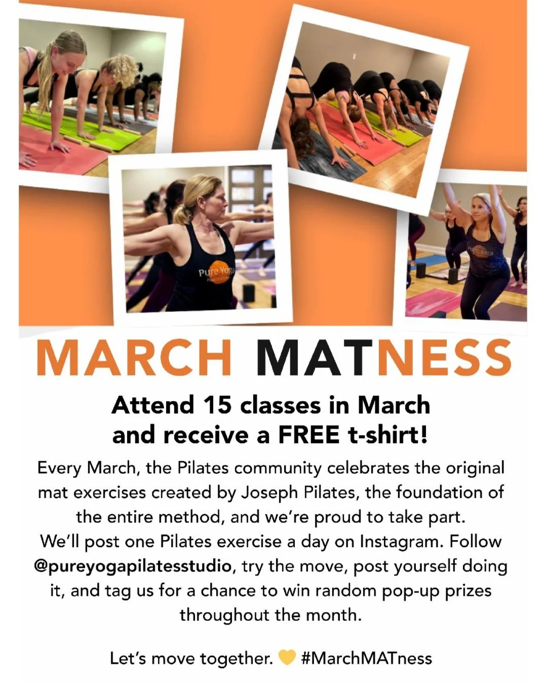 🧡 MARCH MATNESS - Let us know your progress!

Attend 15 classes in March and receive a FREE t-shirt!

Every March, the Pilates community celebrates the original mat exercises created by Joseph Pilates, the foundation of the entire method, and we're 
