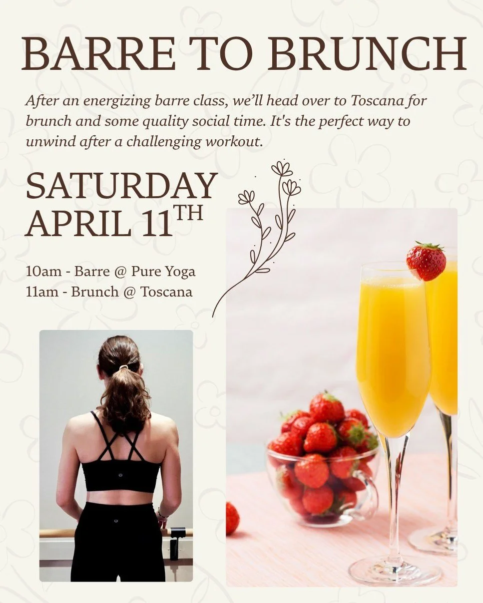 🥞 BARRE TO BRUNCH -  Saturday, April 11th @ 10am

After an energizing barre class at the studio, we&rsquo;ll head over to Toscana for brunch and some quality social time. It's the perfect way to unwind after a challenging workout.