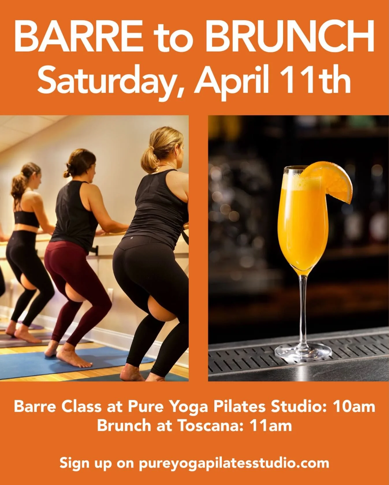 Barre to Brunch this Saturday at Toscana! 

Join us for Barre at the studio at 10 AM followed by brunch after at Toscana! 

Sign up on the app or our website!