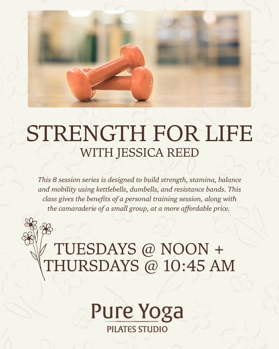 Strength for Life 
Tuesdays + Thursdays.

This 8 session series is designed to build strength, stamina, balance and mobility using kettlebells, dumbbells, and resistance bands. Our small semi private class size gives you the benefits of a personal tr