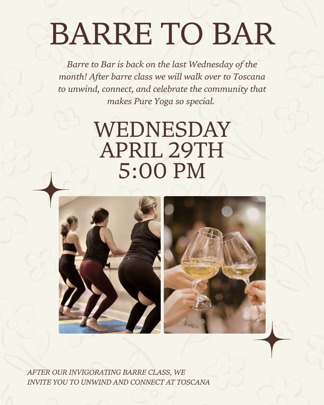 Barre to Bar is back on the last Wednesday of the month! 

After barre class we will walk over to Toscana to unwind, connect, and celebrate the community that makes Pure Yoga so special. 

Register online!