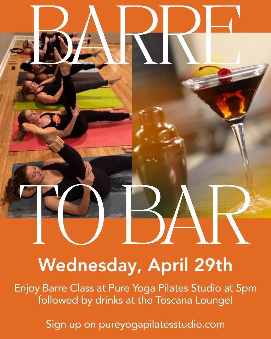 🔥 BARRE TO BAR - This Wednesday!

Barre to Bar is back on the last Wednesday of the month! After barre class at the studio, we will walk over to Toscana to unwind, connect, and celebrate the community that makes Pure Yoga so special.

Register onlin