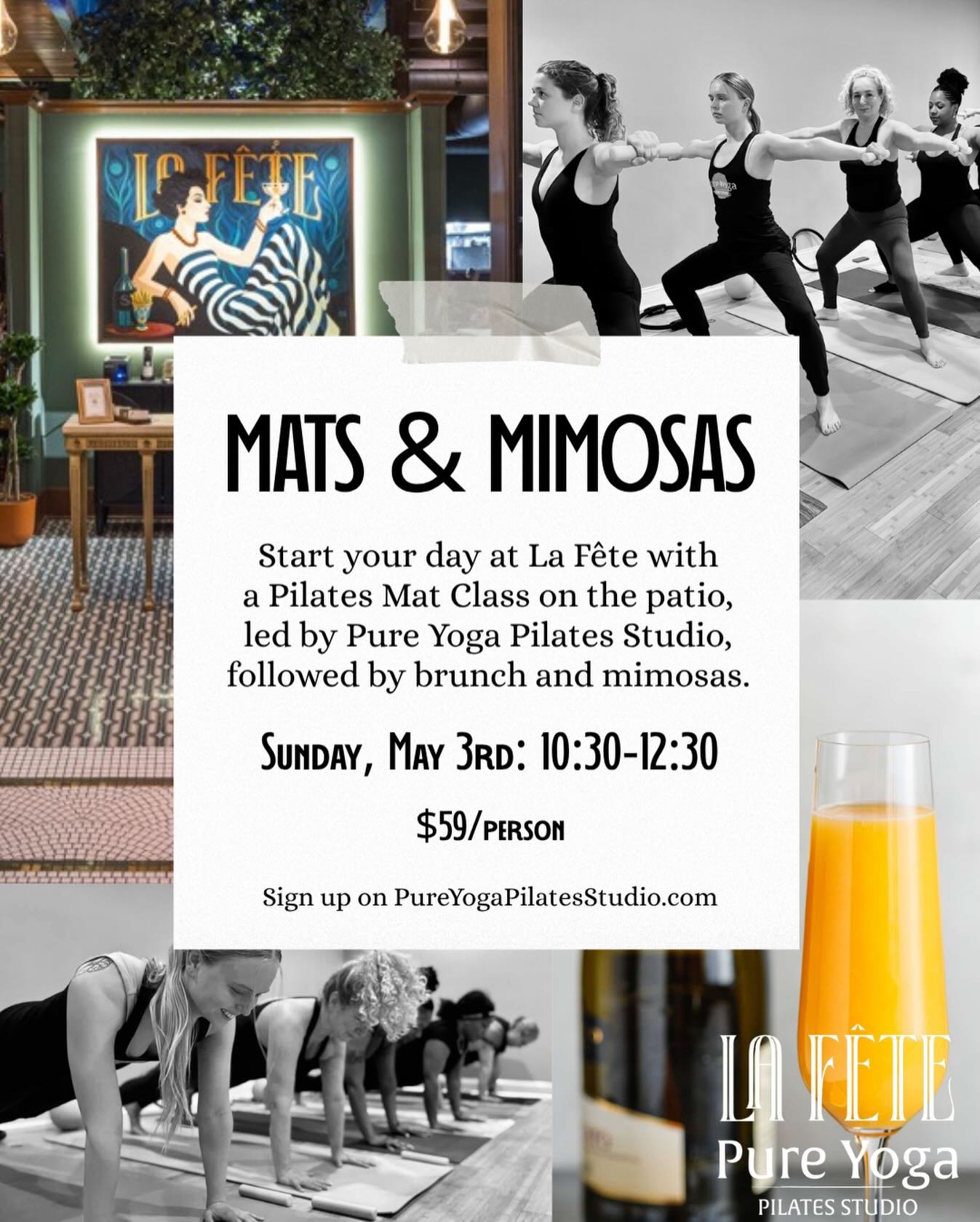 2 Spots just opened up for Sunday! 

Say oui! 

So grab a bestie and join us for Pilates on the patio at Le Fete followed by Brunch with mimosas! 

www.pureyogapilatesstudio.com