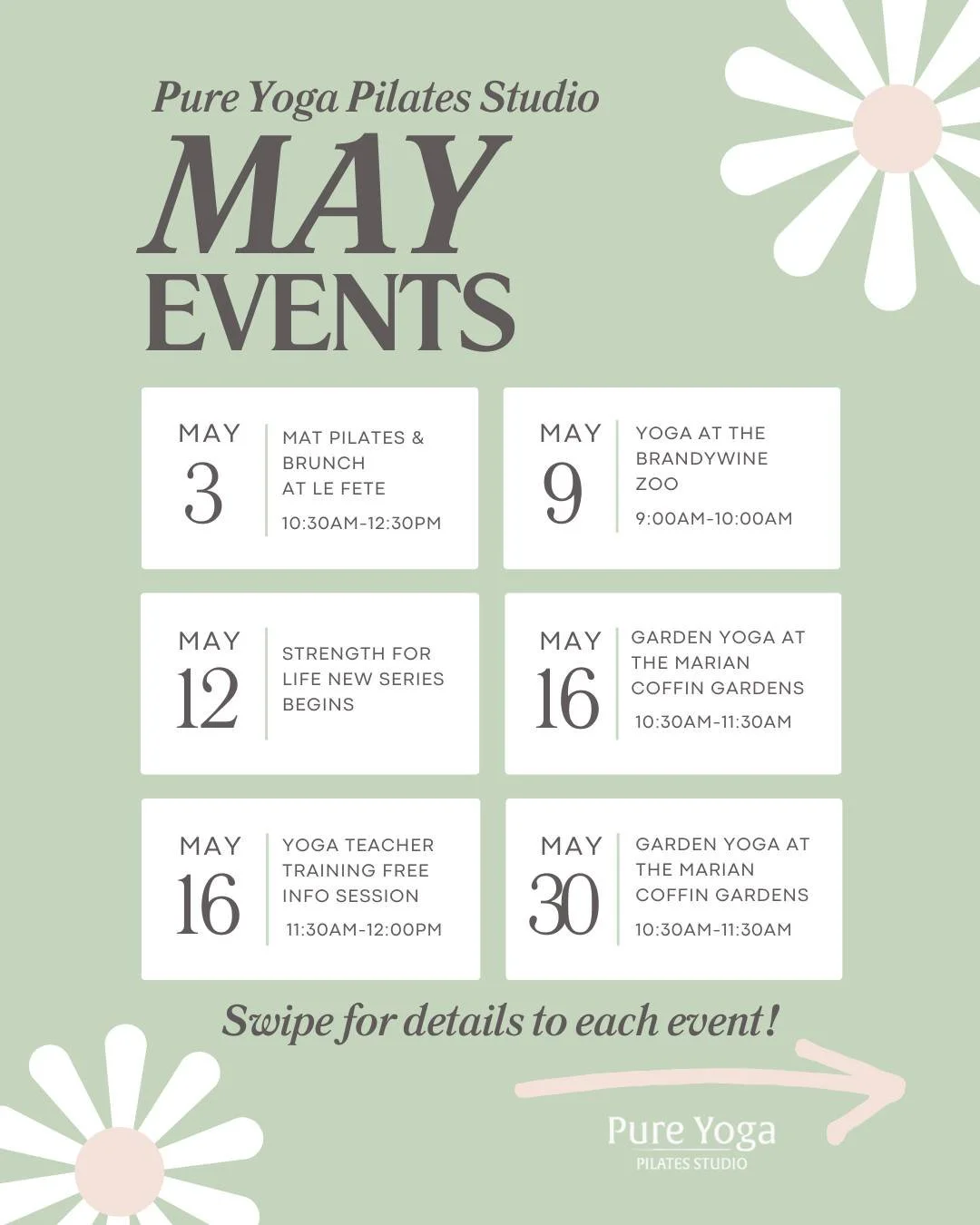 MAY HAS ARRIVED! 🌷
Special Events and Classes - Scroll through for more details!

🥂 MATS + MIMOSAS at Le Fete - This special outdoor Pilates mat class held on the patio of Le Fete  is followed by brunch and mimosas. This event is sold out!  Let us 