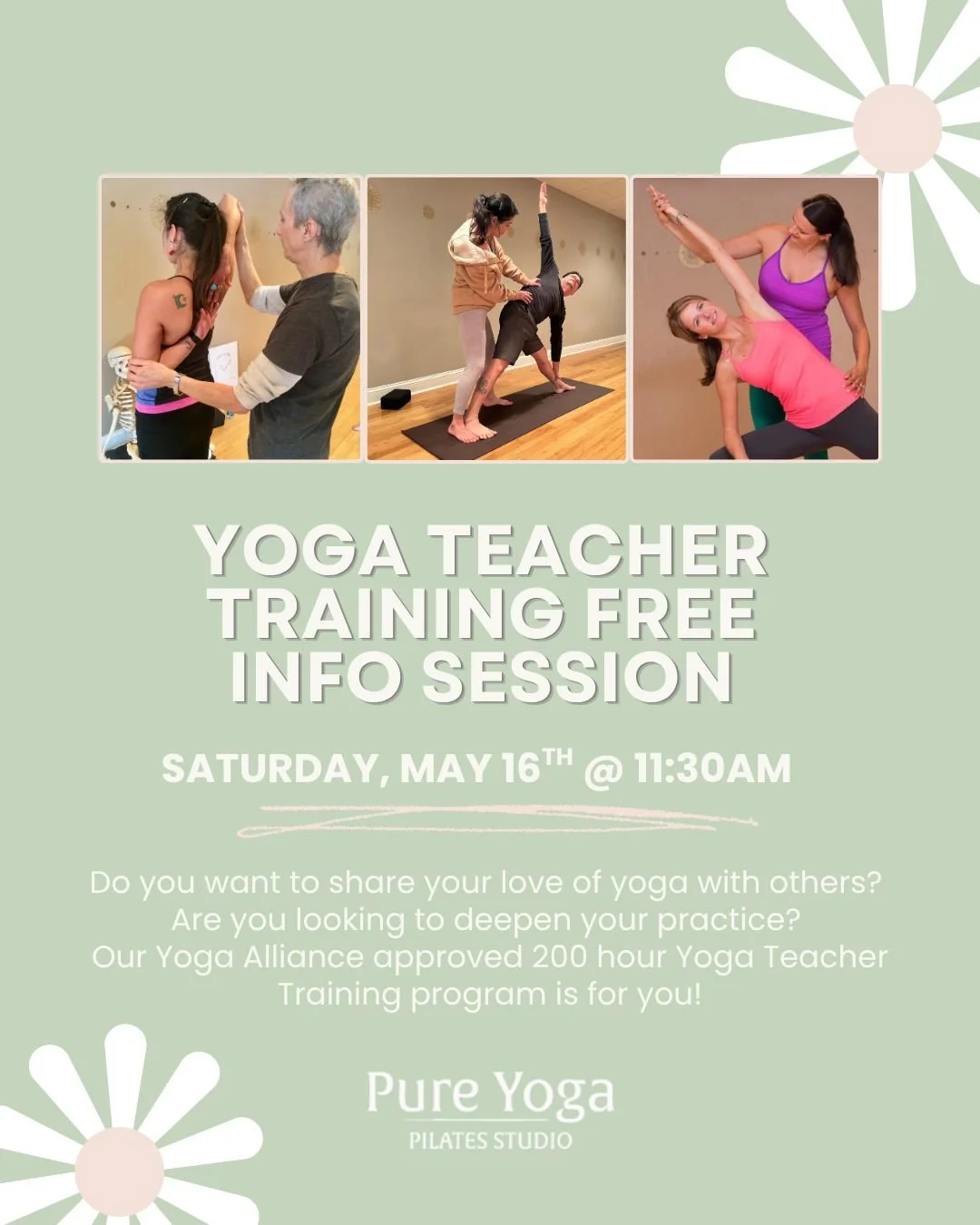 Join us on Saturday, May 16th @ 11:30am for our free information session and have all your questions answered about our YTT program.

Do you want to share your love of yoga with others? Are you looking to deepen your practice? Our Yoga Alliance appro