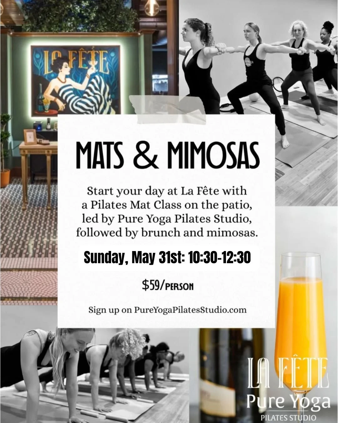 If you loved our last Pilates and brunch event, you're in for a treat because we're doing it again! 
MATS &amp; MIMOSAS- Sunday, May 31st

Join us for a Pilates Mat Class led by Meredith on the outdoor patio at Le Fete!

This special outdoor mat clas
