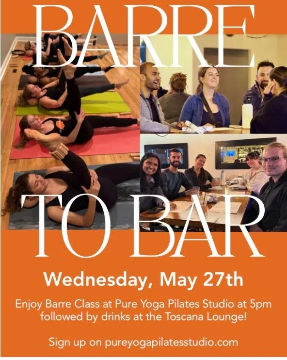 🔥 BARRE TO BAR - Next Wednesday, May 27th!

Barre to Bar is back on the last Wednesday of the month! After barre class at the studio, we will walk over to Toscana to unwind, connect, and celebrate the community that makes Pure Yoga so special.

Regi
