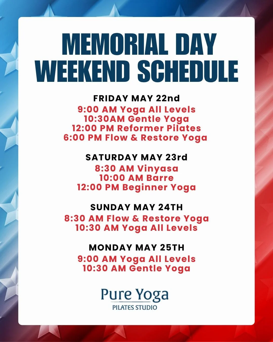 Please note our schedule changes for the holiday weekend!