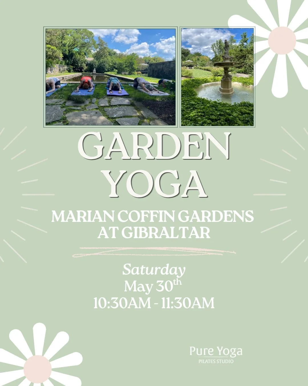 🌷 Garden Yoga next SATURDAY, MAY 30th! 

Join Pure Yoga Pilates Studio for Garden Yoga in the Marian Coffin Gardens on the grounds of the scenic and historic Gibraltar. The Marian Coffin Gardens are a lavish sprawling 80 acres of gardens on the DuPo