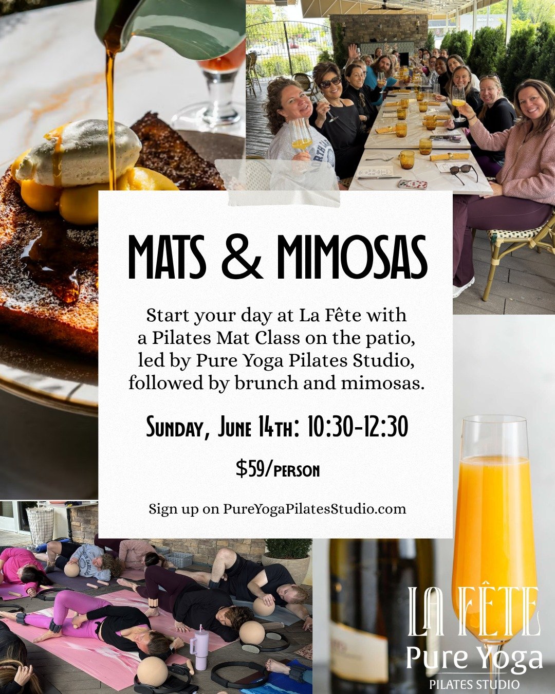 If you loved our last Pilates and brunch event, you're in for a treat because we're doing it again!

MATS &amp; MIMOSAS- Sunday, June 14th

Join us for a Pilates Mat Class led by Meredith on the outdoor patio at Le Fete!

This special outdoor mat cla