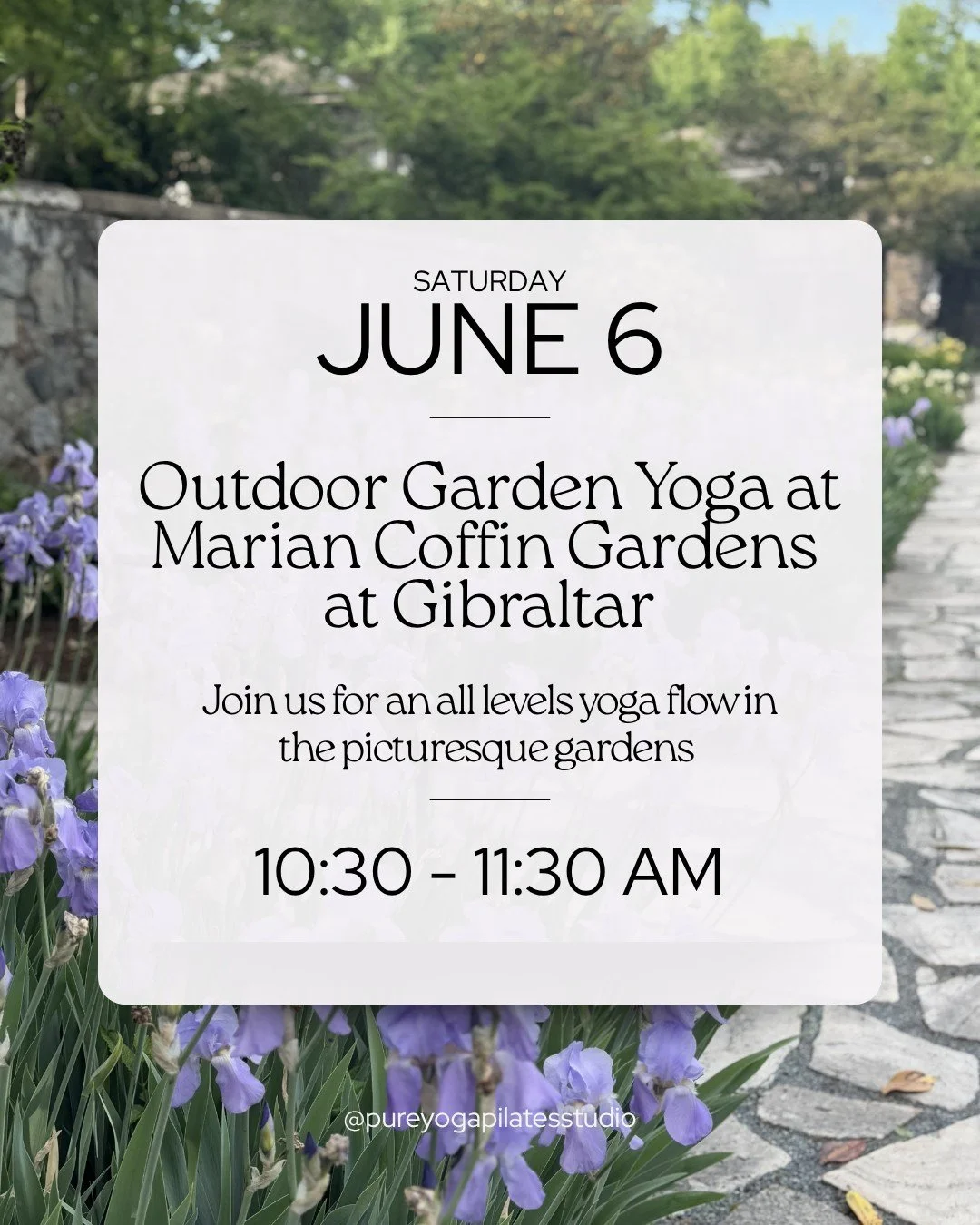 🌸 THIS SATURDAY! Join us for Garden Yoga in the Marian Coffin Gardens on the grounds of the scenic and historic Gibraltar. The Marian Coffin Gardens are a lavish sprawling 80 acres of gardens on the DuPont estate. Both a quiet place to escape the ci