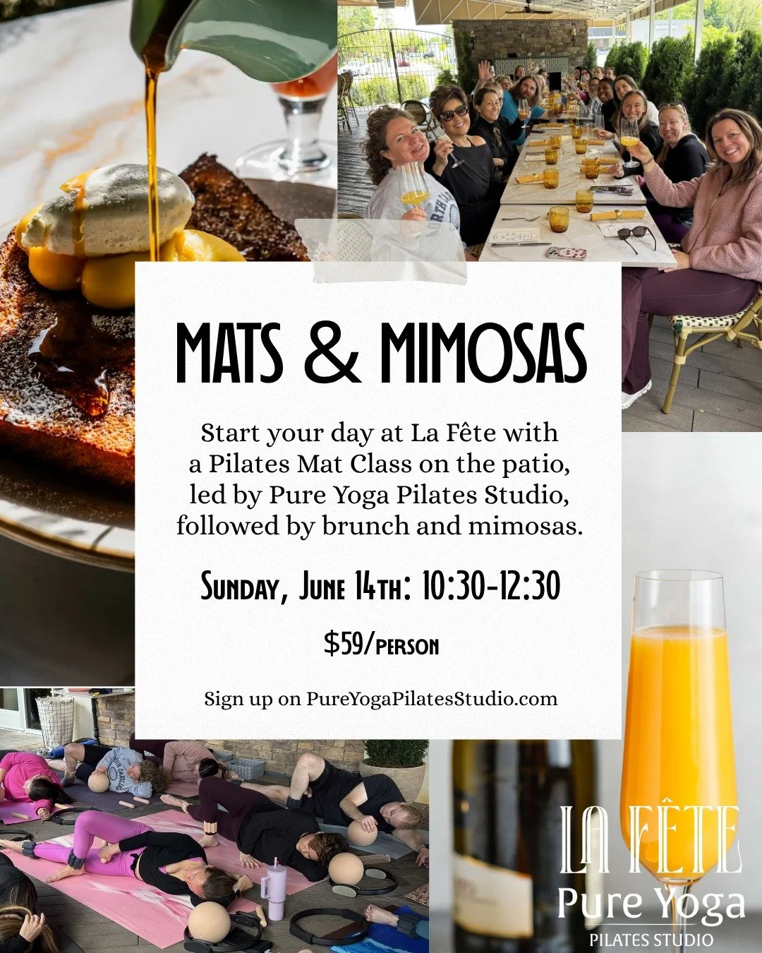If you loved our last Pilates and brunch event, you're in for a treat because we're doing it again!

MATS &amp; MIMOSAS- Sunday, June 14th

Join us for a Pilates Mat Class led by Meredith on the outdoor patio at La Fete!

This special outdoor mat cla