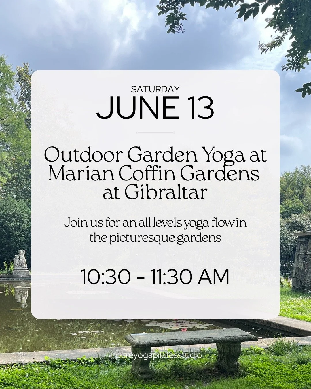 🌸 THIS SATURDAY! Join us for Garden Yoga in the Marian Coffin Gardens on the grounds of the scenic and historic Gibraltar. The Marian Coffin Gardens are a lavish sprawling 80 acres of gardens on the DuPont estate. Both a quiet place to escape the ci
